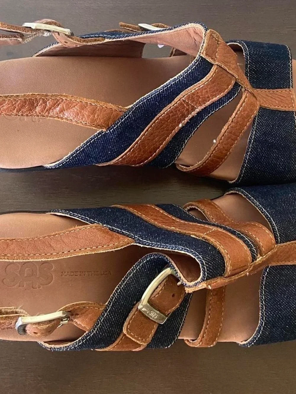 SAS Layla T-Strap Wedge Leather and Denim Slingback Sandals